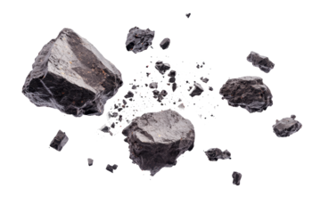 A group of asteroids breaking apart as they fly, with pieces crumbling off.