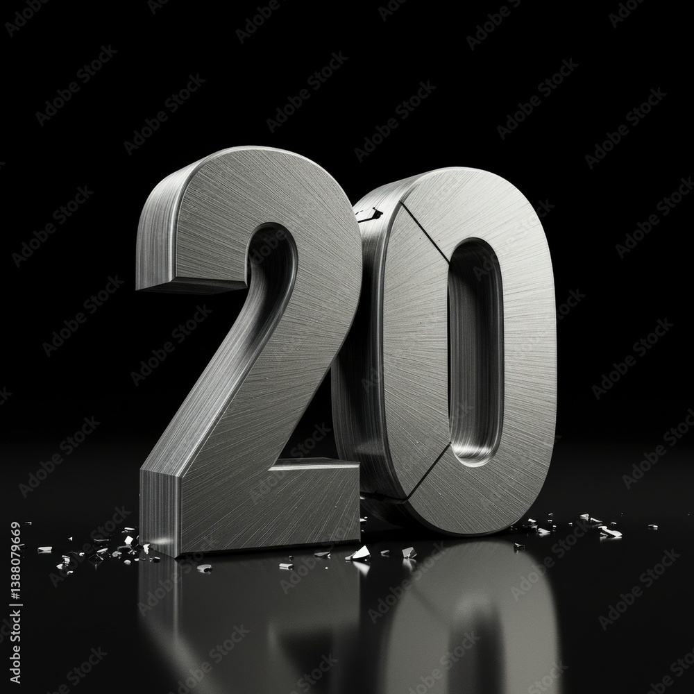 Poster Metal Number Twenty with Brushed Texture Isolated on Dark Background