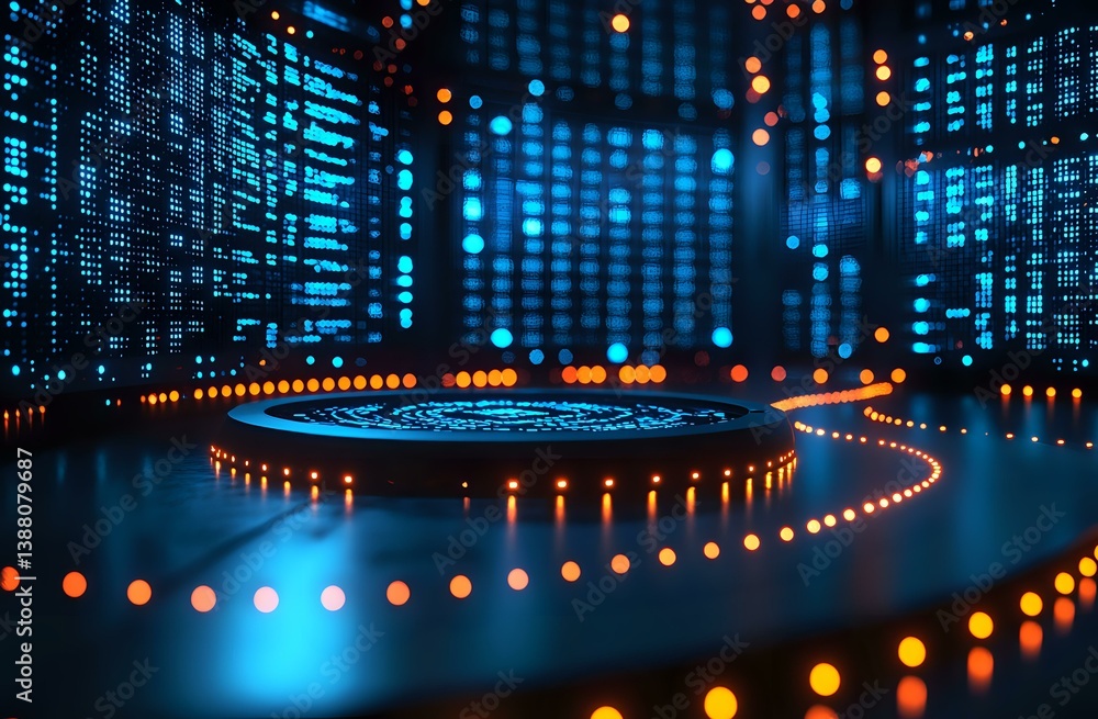 Aufkleber futuristic digital technology background with glowing blue data matrix displays and curved orange li