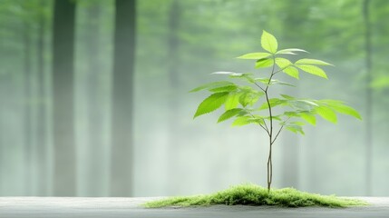 Young sprout in a misty forest