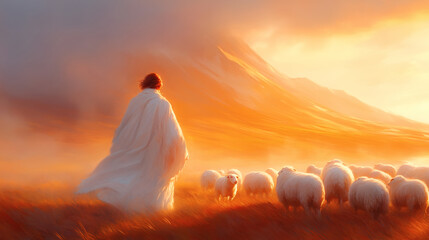 A shepherd dressed in a flowing white cloak moves calmly through a golden meadow, leading a group of fluffy sheep towards the glowing horizon at sunset