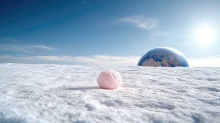 Pink Snowball Earth Globe Surreal High Definition Wide Angle Shot, Miniature Scale, Loneliness Concept, Snowy Landscape, Cold Pale Hues, Environmental Awareness Campaign