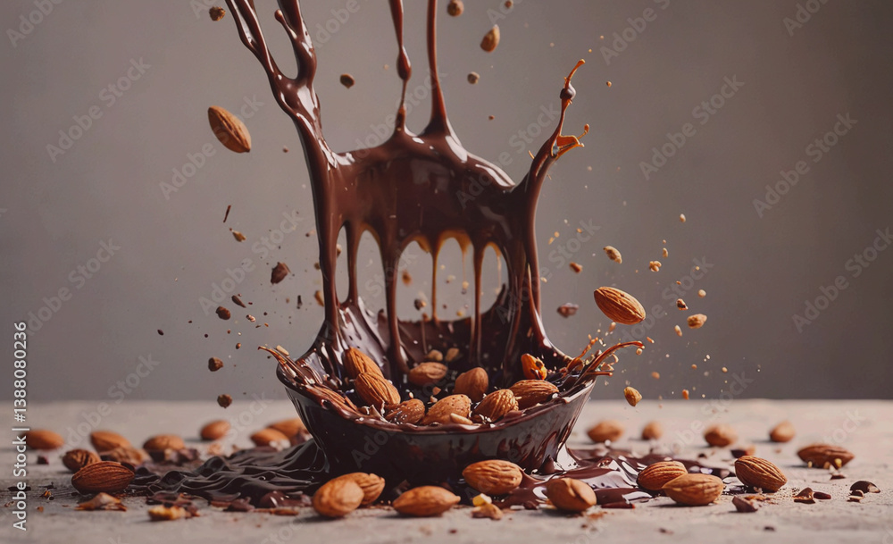Poster chocolate fountain with almonds and chocolate drizzling out of it. the chocolate is splashing out of