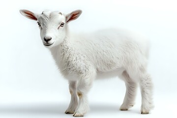 Naklejka premium Young white lamb with curious expression standing on white background, isolated cutout for agricultural and farming designs.