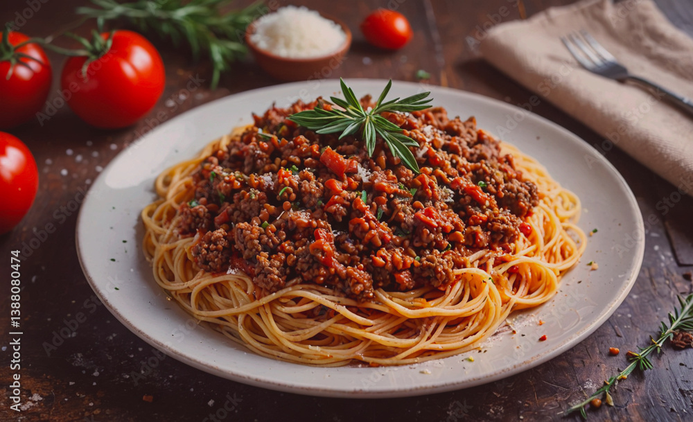 Aufkleber Plate of spaghetti with meat sauce and basil. There are also tomatoes on the table. A fork is visible on the left side of the plate
