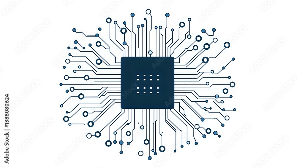 Poster microchip with radiating circuit paths in blue and white design. central processor connects to netwo