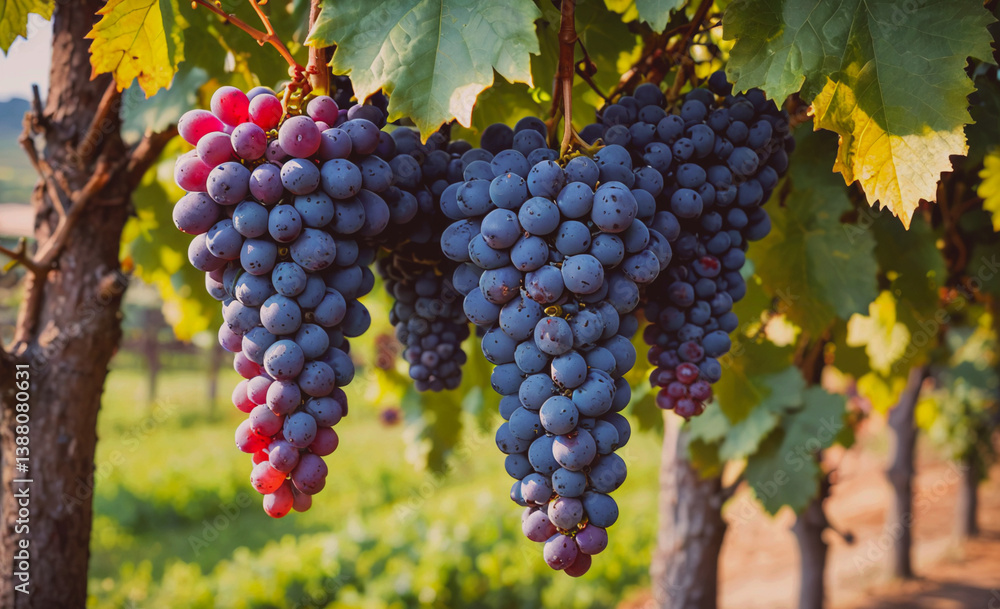 Poster bunch of grapes hanging from a tree. the grapes are purple and green. there are at least 12 grapes v