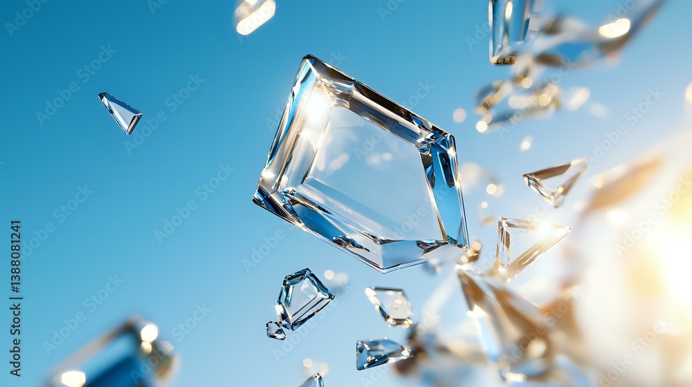 Poster sparkling crystal clear ice cubes falling and shattering against bright blue sky background with sun