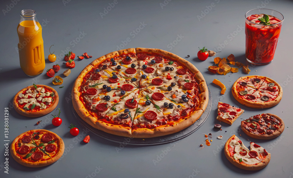 Poster pizza with pepperoni and olives sits on a table next to a glass of juice. there are several other pi