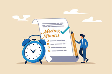 Meeting minutes, lecture summary or meeting conclusion document, effective writing for discussion plan, note or information report concept, businessman writing meeting minutes with alarm clock.