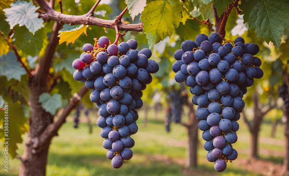 Poster Two clusters of grapes are hanging from a vine, with each cluster containing numerous grapes. The grapes are a deep purple color and are ripe for picking. The vine is lush and green, providing a