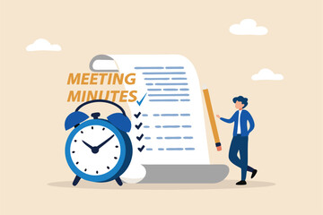 Meeting minutes, lecture summary or meeting conclusion document, effective writing for discussion plan, note or information report concept, businessman writing meeting minutes with alarm clock.