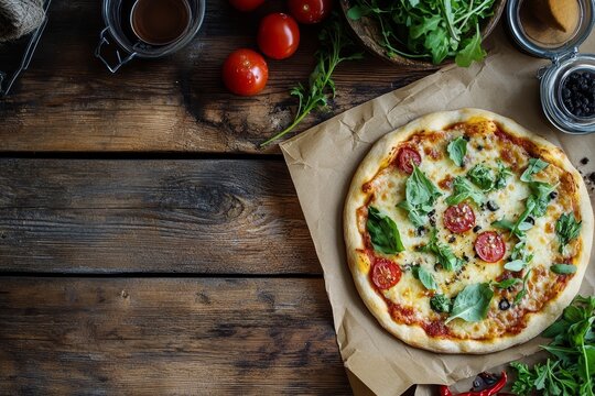 A Deliciously Appealing Vegetarian Pizza, Freshly Prepared and Ready to Be Enjoyed, Set on a Rustic Wooden Table with Aromatic Ingredients Surrounding It.