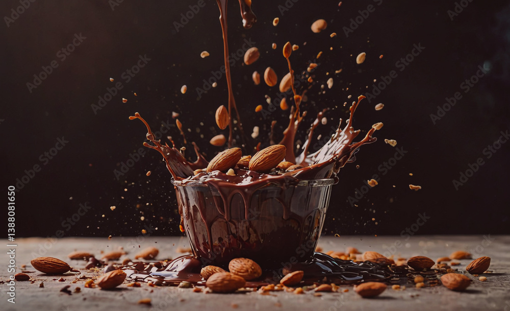 Poster bowl of chocolate with almonds on top. there are also some almonds on the table