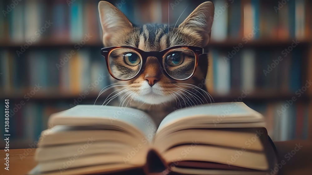 Poster clever tabby cat wearing glasses reading open book in library setting. humorous pet portrait with bl