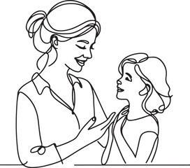 Young Mom Giving Wise Advice to Daughter - Line Drawing Illustration