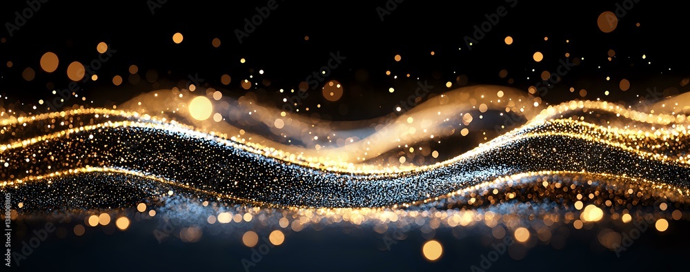Poster magical golden wave with sparkling particles and bokeh lights flowing on black background creating l