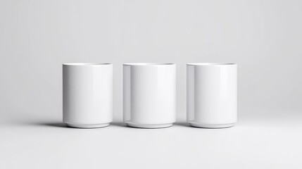 Three White Mugs Minimalist Studio Setup Clean Bright Lighting Centered Uniform Design Product Display Neutral Background Pure White Ideal for Mockups