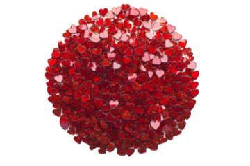 Cluster of tiny hearts in various shades of red, on a white background