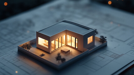 3D Model of a Small House Placed on an Architectural Floor Plan with Soft Natural Lighting in Realistic Photography (1)
