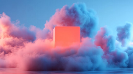 A striking cube emits a warm glow while enveloped in colorful clouds, creating a captivating atmosphere during dusk and invoking a surreal visual experience