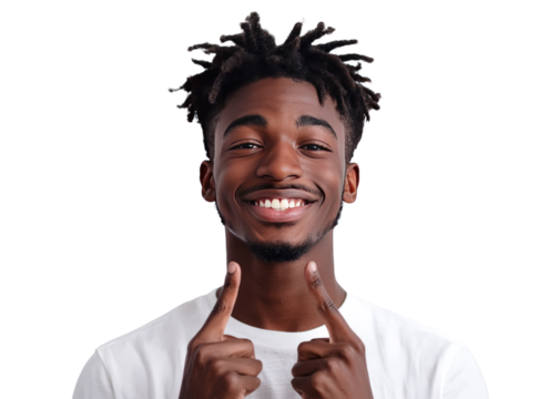 Confident young man blinking his fingers with a smile, expressive and engaging, isolated on white