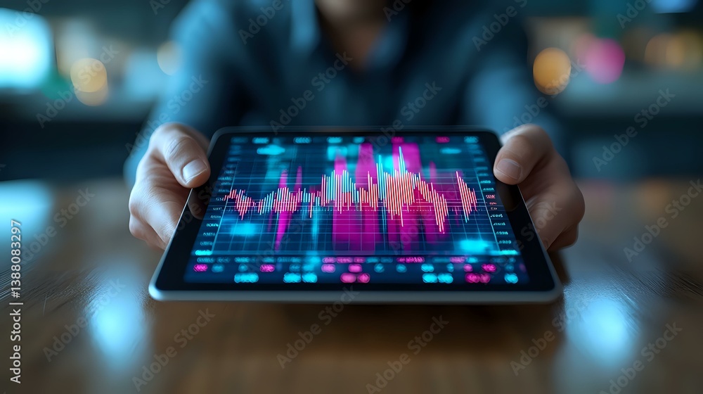 Poster digital financial graph on tablet screen with pink and blue glowing charts, person analyzing market 