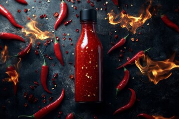 Fiery Focus A Bold Display of Hot Sauce and Chili Peppers in a Dramatic, Flaming Setting