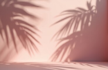 Tropical palm leaves shadow on pastel pink wall background. Minimalist nature summer concept, shadows create beautiful pattern. Abstract botanical art style. Perfect for vacation, travel, beach