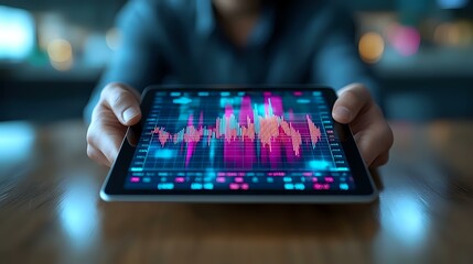 Digital financial graph on tablet screen with pink and blue glowing charts, person analyzing market data in dark ambient setting with bokeh background.