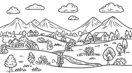 Peaceful mountain village landscape drawing