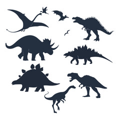 Black vector set of dinosaur silhouettes, wild animal icons