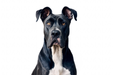 Large black and white dog with an alert expression