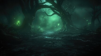 Dark, mystical forest path at night.  Glowing green lights illuminate the trees and ground