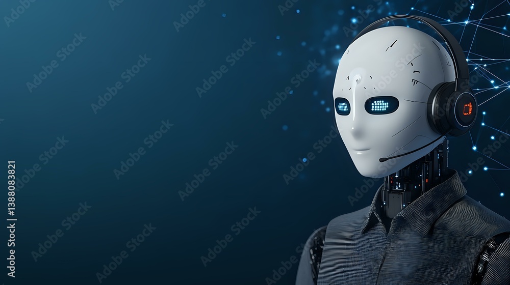 Poster futuristic white robotic head with glowing blue eyes against dark background with network connection