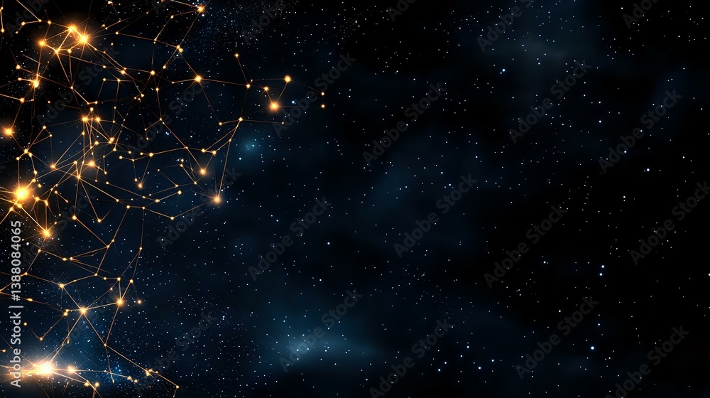 Poster glowing golden network connections forming abstract constellation patterns against dark space backgr