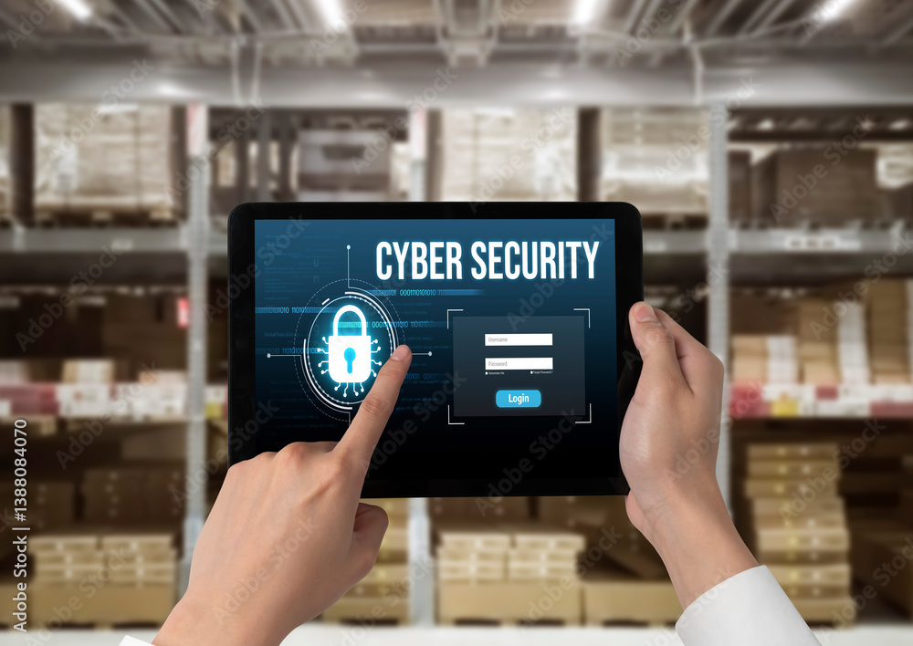 Poster cyber security system on computer screen protect private information snugly from hacker and cyber at