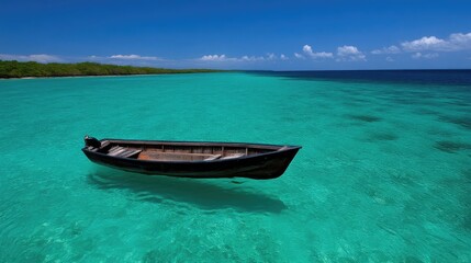 Naklejka premium Tranquil turquoise water, lone wooden boat floats peacefully. Lush green shoreline stretches into the distance under a vibrant blue sky