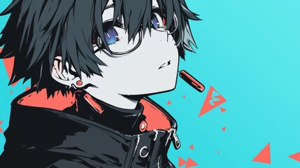 Naklejka premium Stylish Anime Boy with Glasses and Red Accents