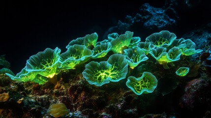 Glowing bioluminescent algae illuminating in dark water