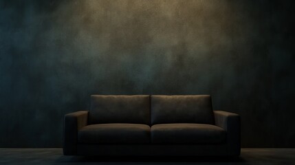 A modern black sofa against an atmospheric dark wall, creating a serene and minimalist space.