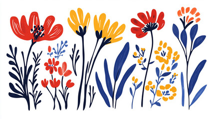 A collection of hand-painted floral illustrations in a vibrant color palette. Vibrant Brazilian color flower pattern,