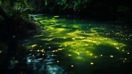 Glowing bioluminescent algae illuminating in dark water