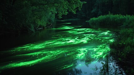 Glowing bioluminescent algae illuminating in dark water