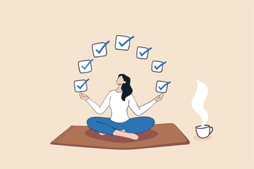 Work focus, concentration to complete tasks, efficiency or productivity success, multitasking, organize or planning to finish work concept, businesswoman meditate focus on work completed checkbox.
