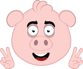 vector illustration emoji character face pig cartoon, with hands making the classic gesture of love and peace or v victory