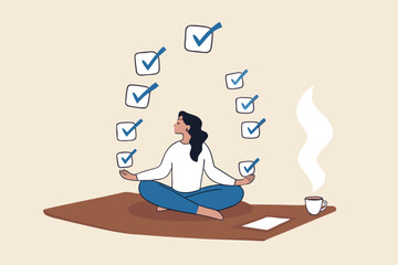Work focus, concentration to complete tasks, efficiency or productivity success, multitasking, organize or planning to finish work concept, businesswoman meditate focus on work completed checkbox.