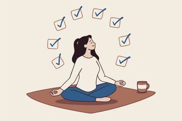 Work focus, concentration to complete tasks, efficiency or productivity success, multitasking, organize or planning to finish work concept, businesswoman meditate focus on work completed checkbox.