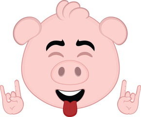 vector illustration emoji character face pig cartoon, making the classic heavy metal gesture with hands and sticking out tongue