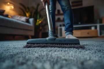 Maintaining a Spotless Home A Close-Up View of Effortless Carpet Cleaning with a Powerful Vacuum Cleaner